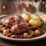 Coq au vin – pollame stufato al vino rosso con lardelli, cipolline e funghi