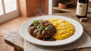 Ossobuco alla Milanese – pomalu dušené telecí koleno s kostí a morkem, typické pro Milán