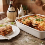 Parmigiana di Melanzane – vrstvený nákyp z lilku, rajčatové omáčky, mozzarelly a sýra