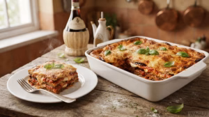 Parmigiana di Melanzane – vrstvený nákyp z lilku, rajčatové omáčky, mozzarelly a sýra