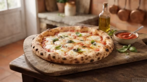 Pizza Napoletana – pizza napolitaine traditionnelle à pâte fine, tomates San Marzano, mozzarella et basilic