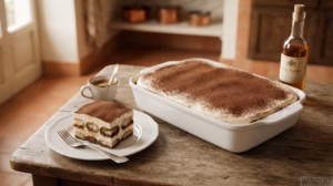 Tiramisù – italský dezert z piškotů namočených v kávě, mascarpone, kakaa a cukru