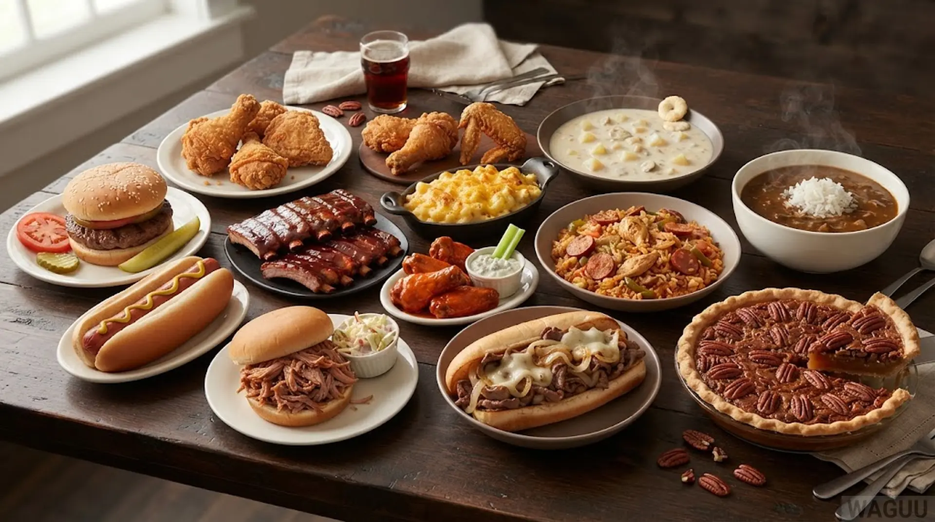 Hamburger, Hot Dog, Barbecue Ribs, Pulled Pork, Fried Chicken, Mac and Cheese, Buffalo Wings, Philly Cheesesteak, Clam Chowder, Jambalaya, Gumbo, Pecan Pie