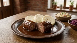 Hovězí ptáček klasický – slanina, cibule a kyselá okurka v tmavé omáčce
