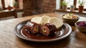 Hovězí ptáček na víně – hořčice, slanina a tymián dušené v červeném víně
