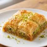 Baklava – Sladký dezert z mnoha tenkých vrstev těsta filo, plněný pistáciemi nebo vlašskými ořechy a prosycený sirupem.