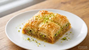 Baklava – Sladký dezert z mnoha tenkých vrstev těsta filo, plněný pistáciemi nebo vlašskými ořechy a prosycený sirupem.