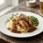 Bangers and Mash – klobásky s bramborovou kaší a cibulovou omáčkou