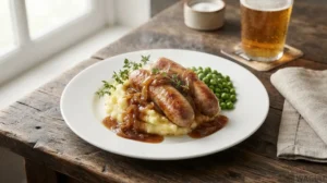 Bangers and Mash – klobásky s bramborovou kaší a cibulovou omáčkou
