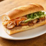 Bánh Mì – knuspriges vietnamesisches Baguette, gefüllt mit Fleisch, Pastete, eingelegten Karotten und Rettich, Gurke, Koriander und pikanter Soße.