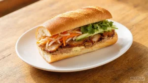 Bánh Mì – křupavá vietnamská bageta plněná masem, paštikou, nakládanou mrkví a ředkví, okurkou, koriandrem a pikantní omáčkou.