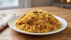 Biryani – slavnostní rýžový pokrm z aromatické basmati rýže, koření a marinovaného kuřecího, jehněčího nebo zeleninového základu, připravovaný ve vrstvách.