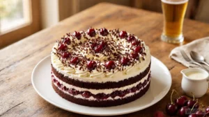 Schwarzwälder Kirschtorte – slávna torta z Čierneho lesa z čokoládového korpusu, šľahačky, višní a čerešňového destilátu Kirsch