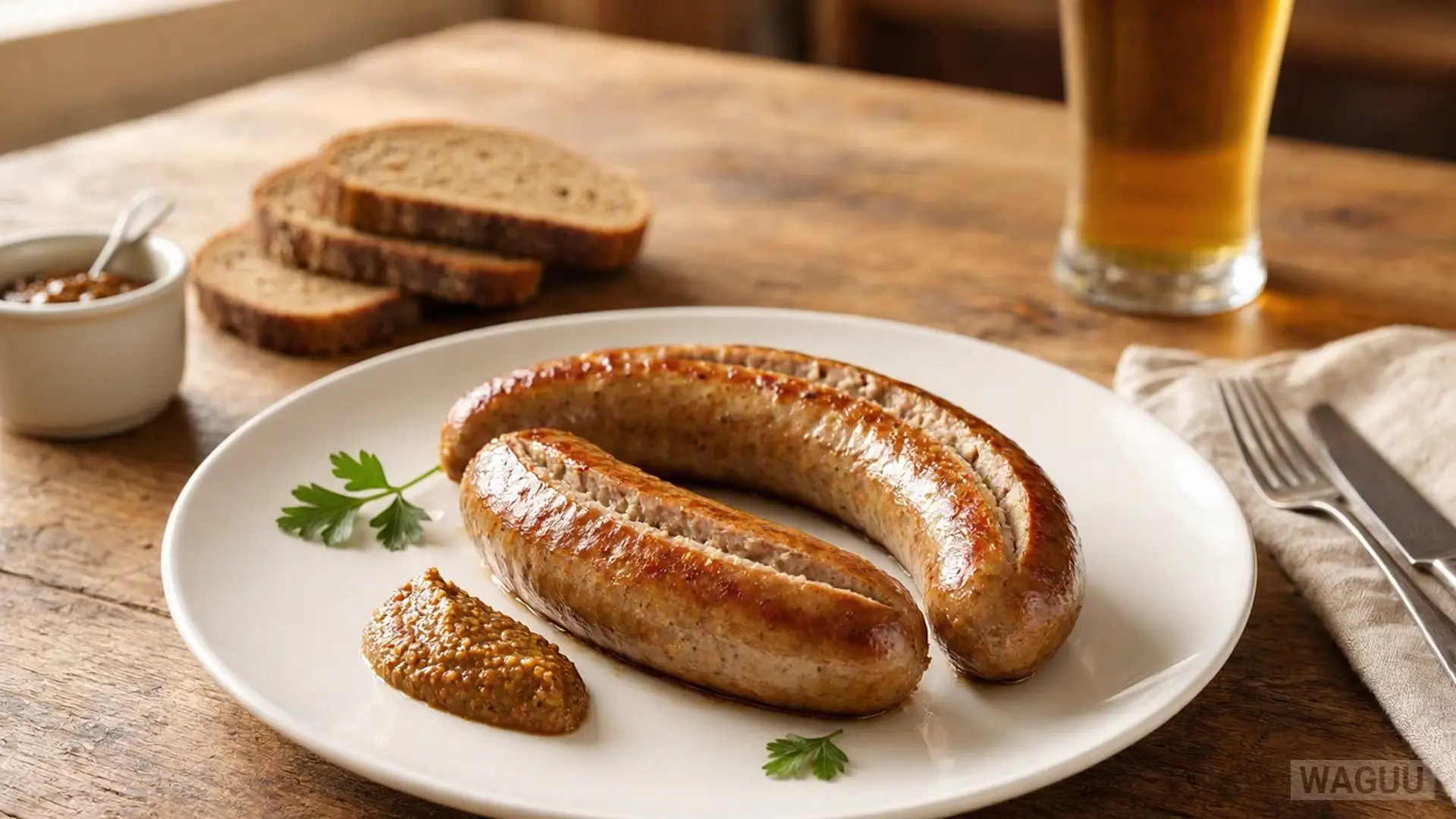 Bratwurst with mustard and bread