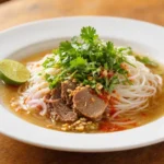Bún Bò Huế – kräftige, pikante Nudelsuppe aus der Stadt Huế, zubereitet mit Rindfleisch, manchmal Schweinshaxe, kräftiger Brühe, Zitronengras und Chili.