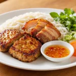 Bún Chả – nordvietnamesische Spezialität aus gegrilltem Schweinefleisch und Fleischklopfern, serviert mit Reisnudeln, frischen Kräutern und süß-saurer Fischsoße.