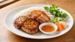Bún Chả – severovietnamská specialita z grilovaného vepřového masa a masových placiček, podávaných s rýžovými nudlemi, čerstvými bylinkami a sladkokyselou rybí omáčkou.