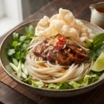 Cao Lầu – specialita z Hoi An s pevnými rýžovými nudlemi a křupavými chipsy