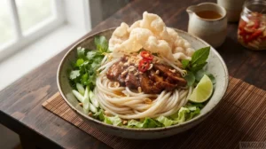 Cao Lầu – specialita z Hoi An s pevnými rýžovými nudlemi a křupavými chipsy