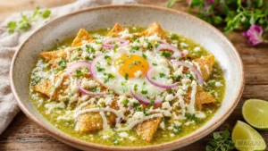 Chilaquiles – křupavé kousky kukuřičných tortill krátce povařené v červené nebo zelené salse, podávané se sýrem, smetanou, cibulí a často také s vejci či kuřecím masem.