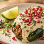 Chiles en Nogada – peperoncini poblano ripieni di un miscuglio di carne, frutta e spezie, ricoperti di una salsa cremosa di noci e guarniti con melograno e prezzemolo.