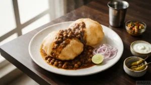 Chole Bhature – kořeněná cizrna s velkými smaženými kynutými plackami bhature