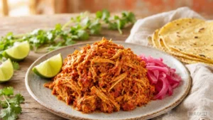 Cochinita Pibil – yucatánské vepřové maso marinované v achiote a citrusové šťávě, pomalu pečené do měkka a podávané s nakládanou červenou cibulí a tortillami.