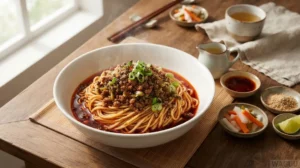 Dan Dan Noodles – sečuánské nudle s pikantní omáčkou, mletým masem, chilli olejem a sečuánským pepřem
