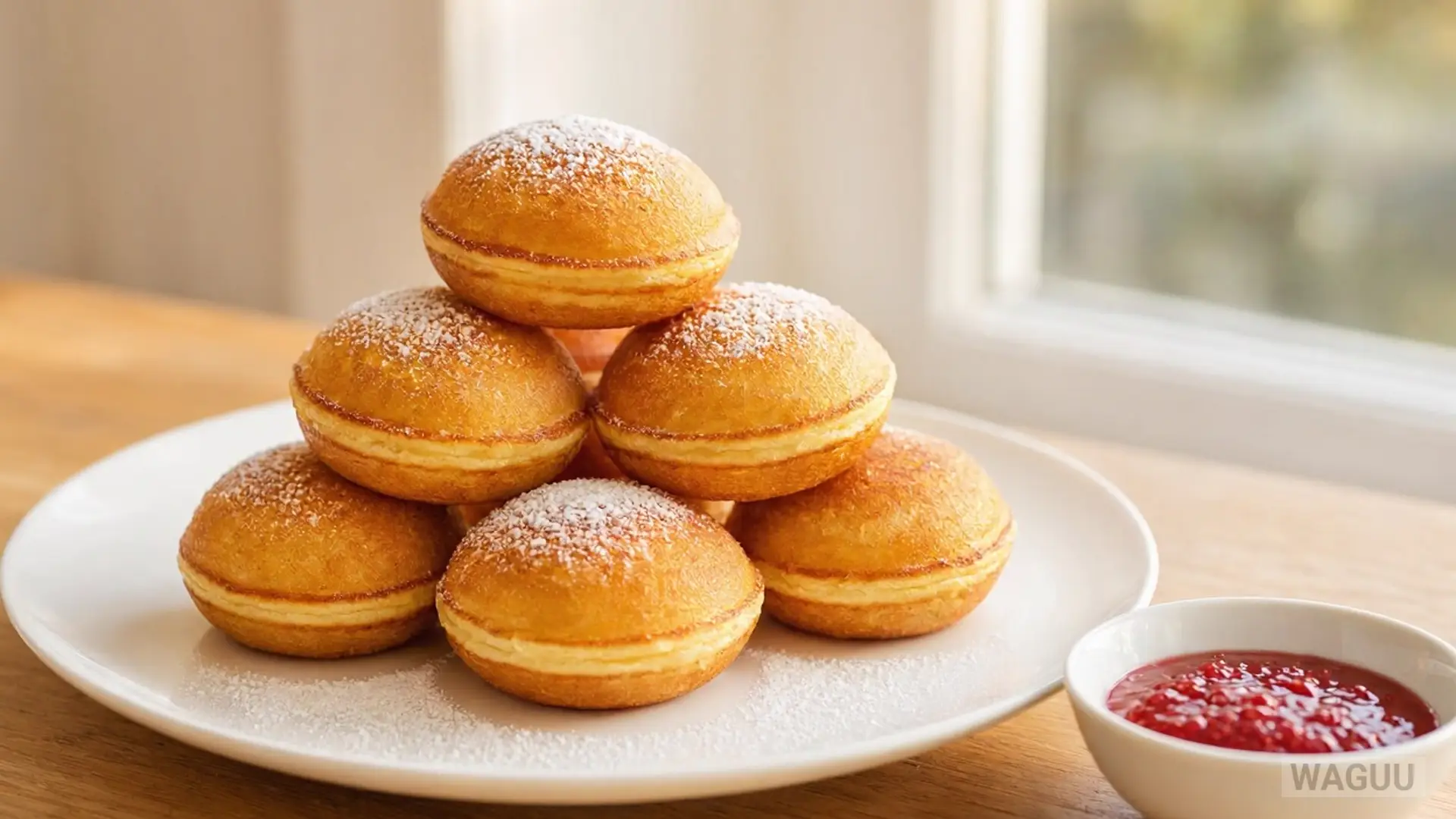 Danish fluffy round pancakes prepared in a special pan, served especially at Christmas with powdered sugar and jam.