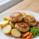Frikadeller – Dänische gebratene Fleischpflanzerl aus Hackfleisch vom Schwein oder einer Fleischmischung, oft serviert mit Kartoffeln, Sauce und Gemüse.
