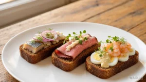 Smørrebrød – Dánské obložené žitné chleby s pestrými kombinacemi surovin, například s nakládaným sleďem, roastbeefem, vejcem, krevetami nebo remuládou.