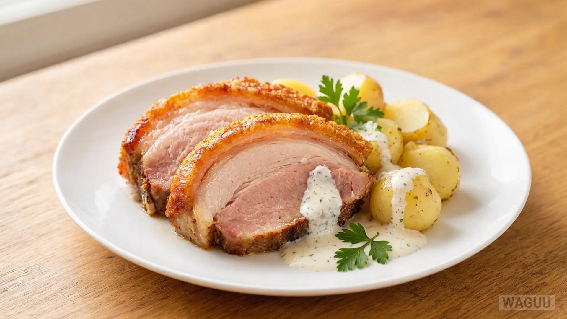 Danish specialty of crispy fried pork belly, served with boiled potatoes and parsley sauce.