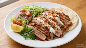 Döner Kebab – Tenké plátky kořeněného masa opékaného na vertikálním grilu, podávané v chlebu, placce nebo na talíři se zeleninou a omáčkami.