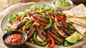 Fajitas – proužky grilovaného hovězího nebo kuřecího masa s restovanou paprikou a cibulí, servírované s tortillami a přílohami, jako jsou salsa, guacamole a zakysaná smetana.