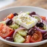 Greek Salad (Horiatiki) – Tradiční řecký salát z rajčat, okurky, červené cibule, oliv, fety a olivového oleje, zpravidla bez listového salátu v klasické podobě.