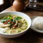 Green Curry (Gaeng Keow Wan) – zelené kari s kokosovým mlékem, zelenou kari pastou, kuřecím masem nebo jiným proteinem, thajským lilkem a čerstvou bazalkou.