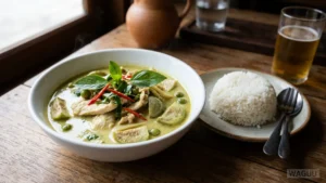 Green Curry (Gaeng Keow Wan) – zelené kari s kokosovým mlékem, zelenou kari pastou, kuřecím masem nebo jiným proteinem, thajským lilkem a čerstvou bazalkou.