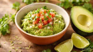 Guacamole – svěží avokádový dip s limetkovou šťávou, cibulí, chilli a koriandrem, podávaný s tortillovými chipsy nebo jako příloha k dalším mexickým jídlům.