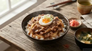 Gyudon – miska rýže přelitá tenkými plátky hovězího masa a cibulí dušenými v sladko-slané omáčce