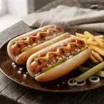 Hot Dog – gegrillte oder gekochte Würstchen in einem länglichen Brötchen, traditionell mit Senf, Ketchup, Zwiebeln oder weiteren Beilagen serviert