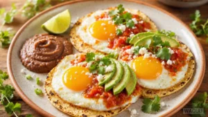 Huevos Rancheros – smažená vejce servírovaná na kukuřičných tortillách s rajčatovo-chilli salsou, často doplněná fazolemi a avokádem.