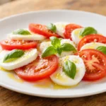 Insalata Caprese – italský salát z rajčat, mozzarelly a bazalky s olivovým olejem, nejlepší v sezóně rajčat
