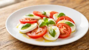 Insalata Caprese – Italian salad made of tomatoes, mozzarella, and basil with olive oil, best enjoyed during tomato season.