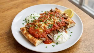 İskender Kebab – Bursa specialita z tenkých plátků döneru na kouscích chleba pide, přelitých rajčatovou omáčkou a rozpuštěným máslem, často doplněná jogurtem.