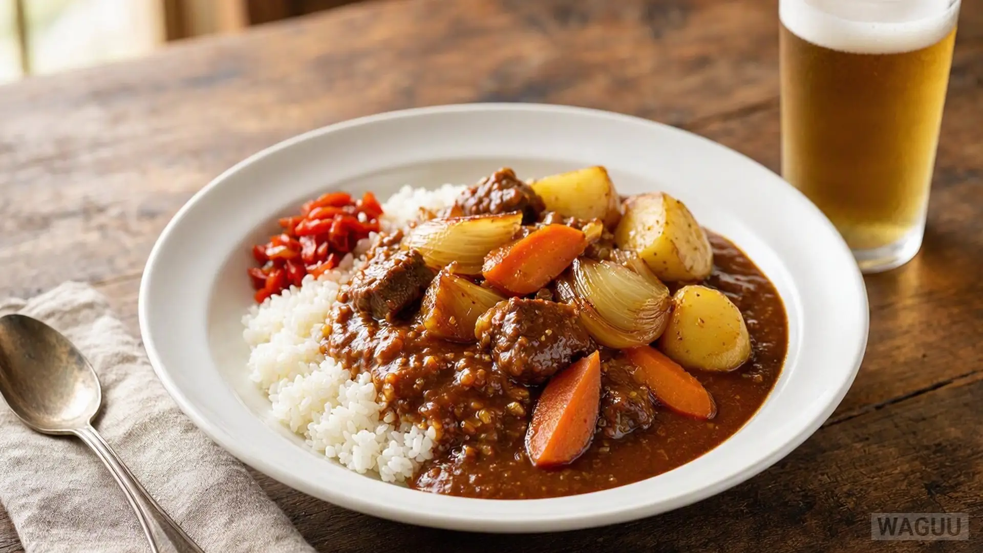 Kare Raisu – Japanese curry with meat and vegetables in a thick, mildly spiced sauce, traditionally served with white rice.