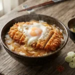 Katsudon – miska rýže s obalovaným vepřovým řízkem tonkatsu, vejcem a cibulí v ochuceném vývaru