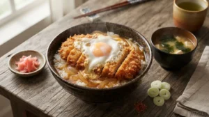 Katsudon – miska rýže s obalovaným vepřovým řízkem tonkatsu, vejcem a cibulí v ochuceném vývaru