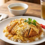 Katsudon – a bowl of rice topped with a crispy tonkatsu pork cutlet, egg and onions simmered briefly in a sweet and savoury broth.
