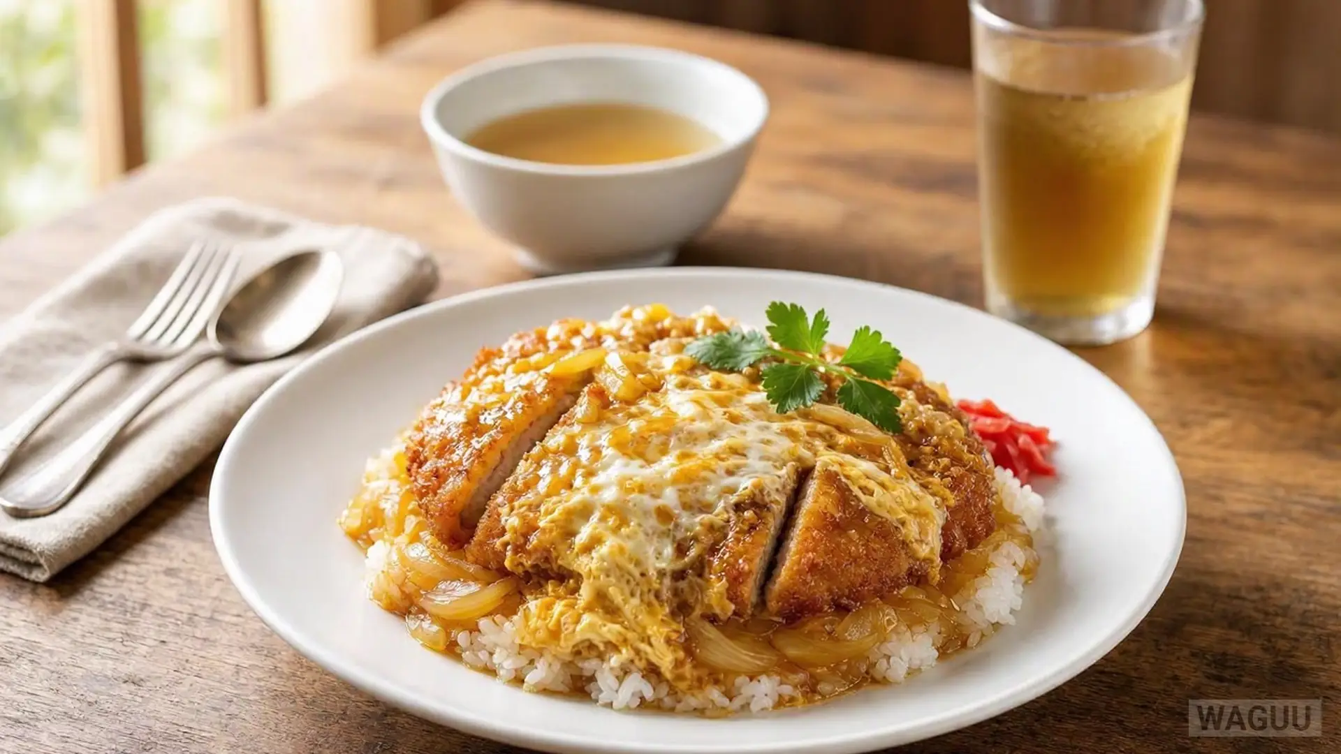 Katsudon – a bowl of rice topped with a crispy tonkatsu pork cutlet, egg, and onions simmered in a sweet and savory broth.