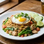 Khao Pad – thajská smažená rýže s vejcem, zeleninou a podle varianty s kuřecím masem, krevetami nebo vepřovým, dochucená rybí či sójovou omáčkou.